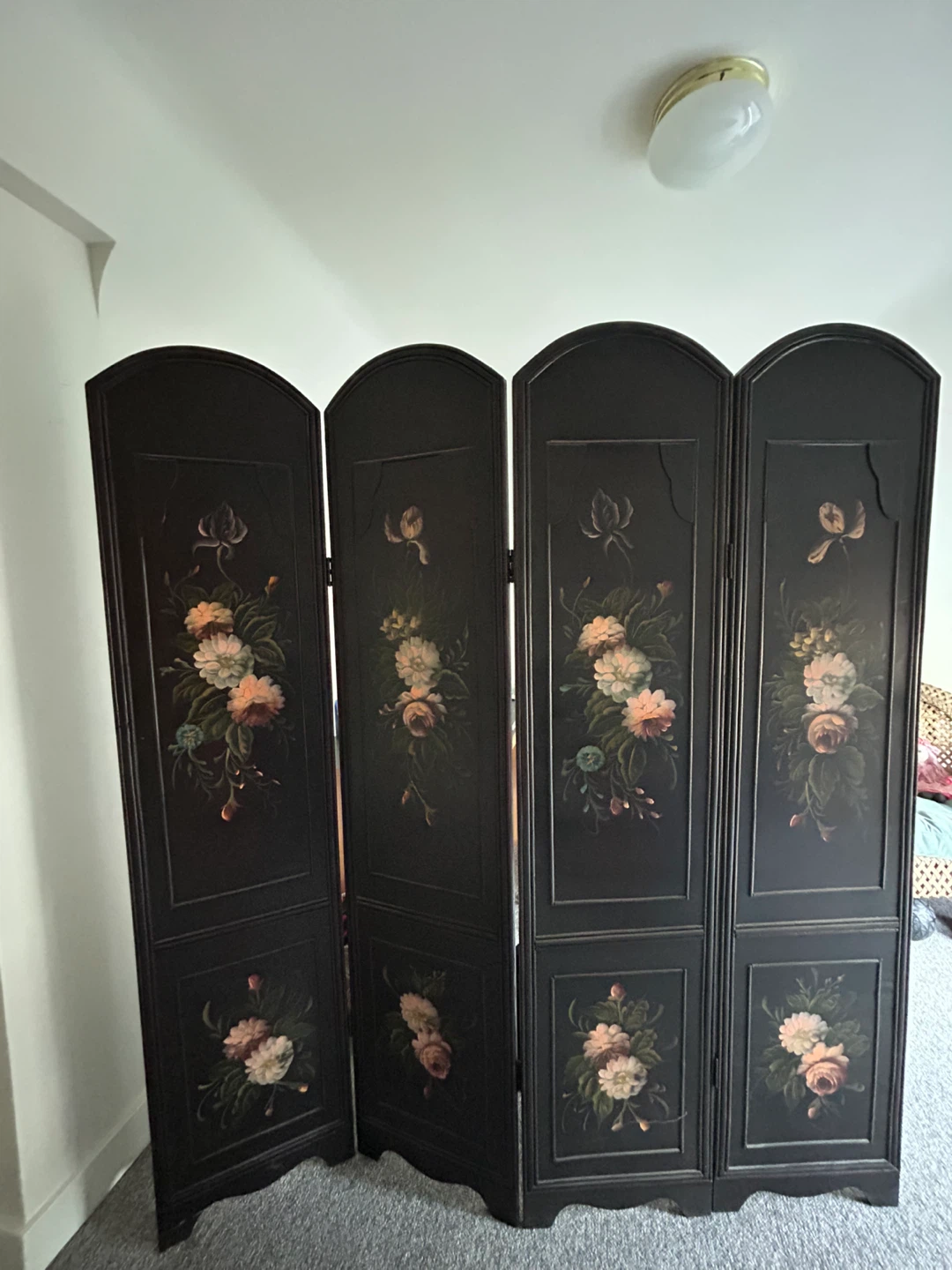 Vintage 4-Panel Room Divider Screen with Floral Painting