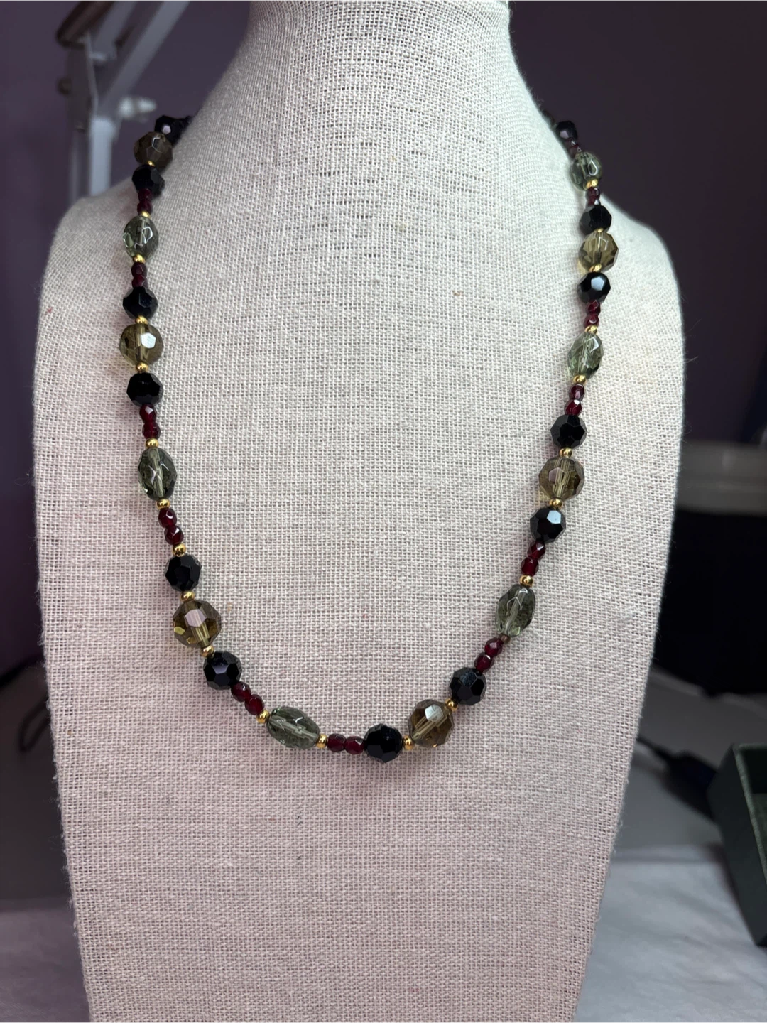 Glass Beaded Necklace - Black, Olive Green, and Red - photo 3
