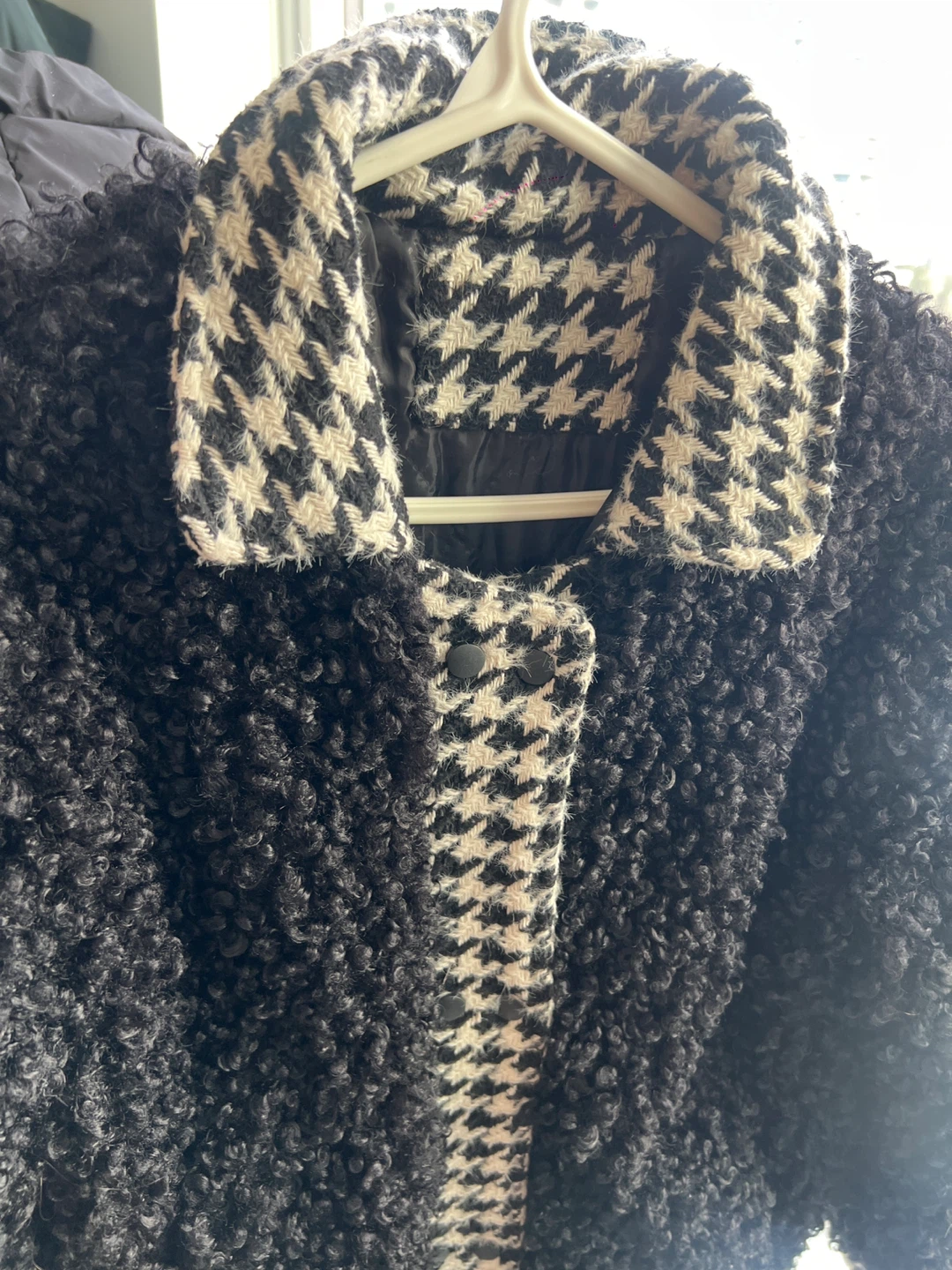 Women's Black Teddy Bear Jacket with Houndstooth Collar - photo 2