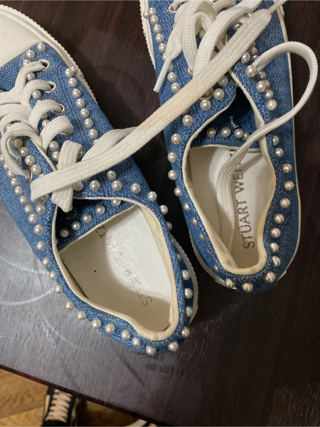 Stuart Weitzman Denim Pearl Embellished Sneakers - photo 5