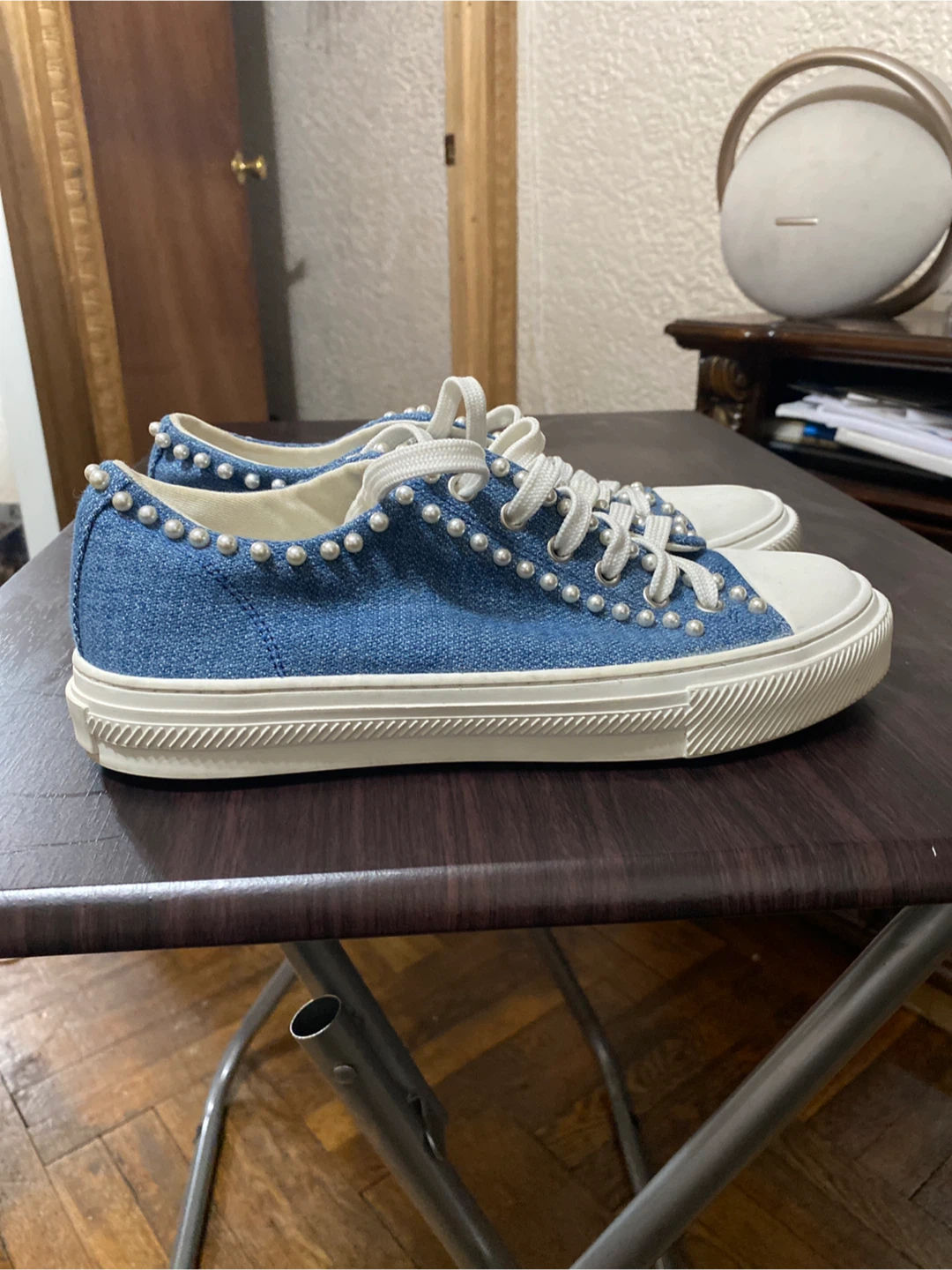 Stuart Weitzman Denim Pearl Embellished Sneakers - photo 2