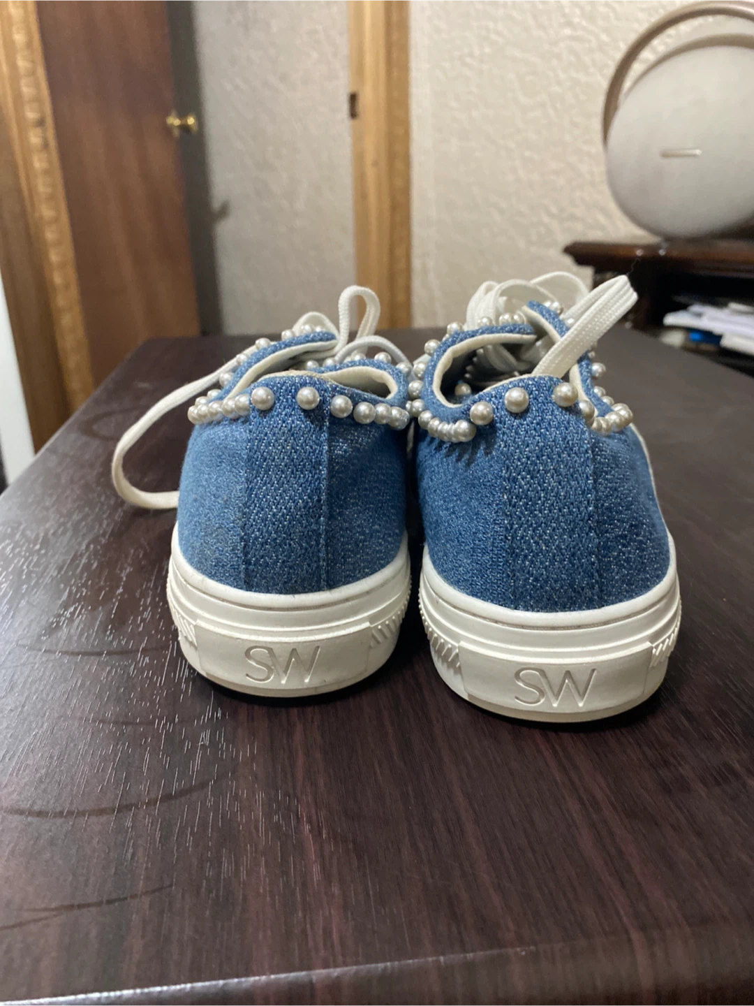 Stuart Weitzman Denim Pearl Embellished Sneakers - photo 4
