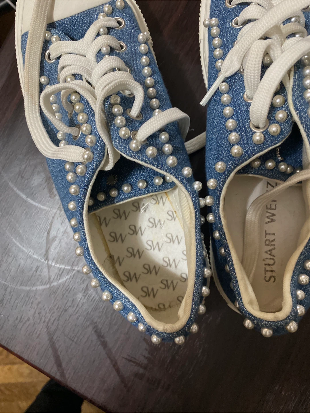 Stuart Weitzman Denim Pearl Embellished Sneakers - photo 3