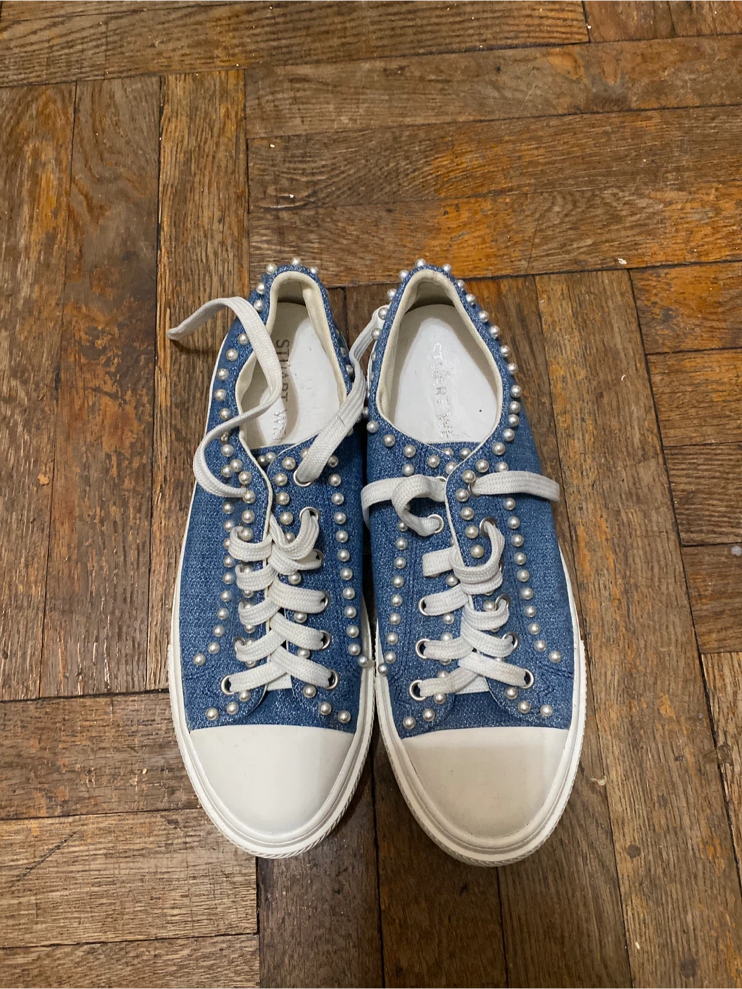 Stuart Weitzman Denim Pearl Embellished Sneakers