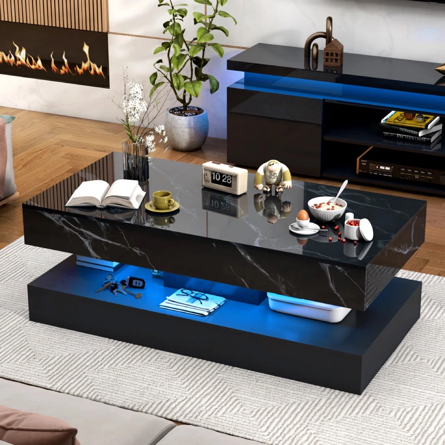 Modern Black Marble Coffee Table with LED Lights