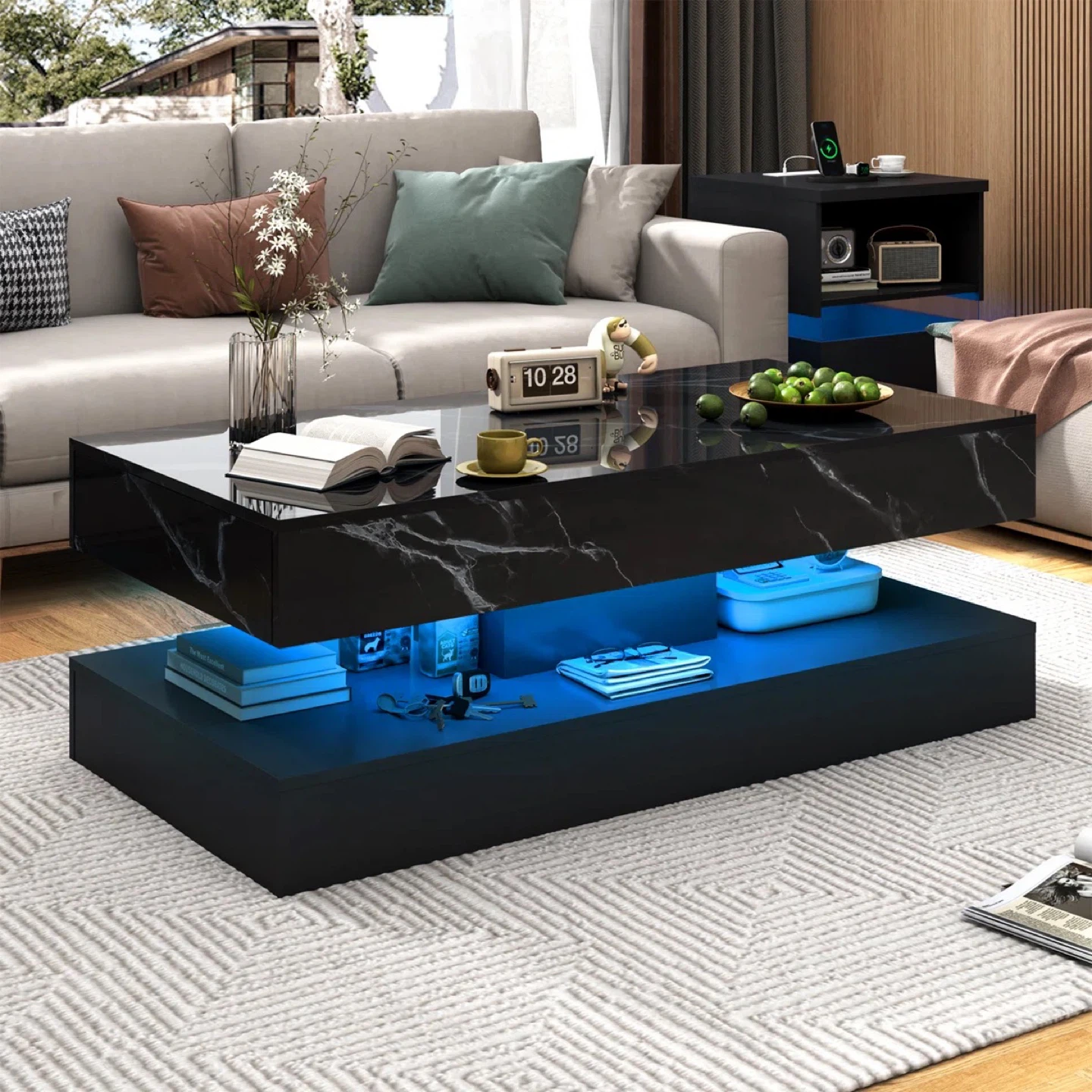 Modern Black Marble Coffee Table with LED Lights - photo 2