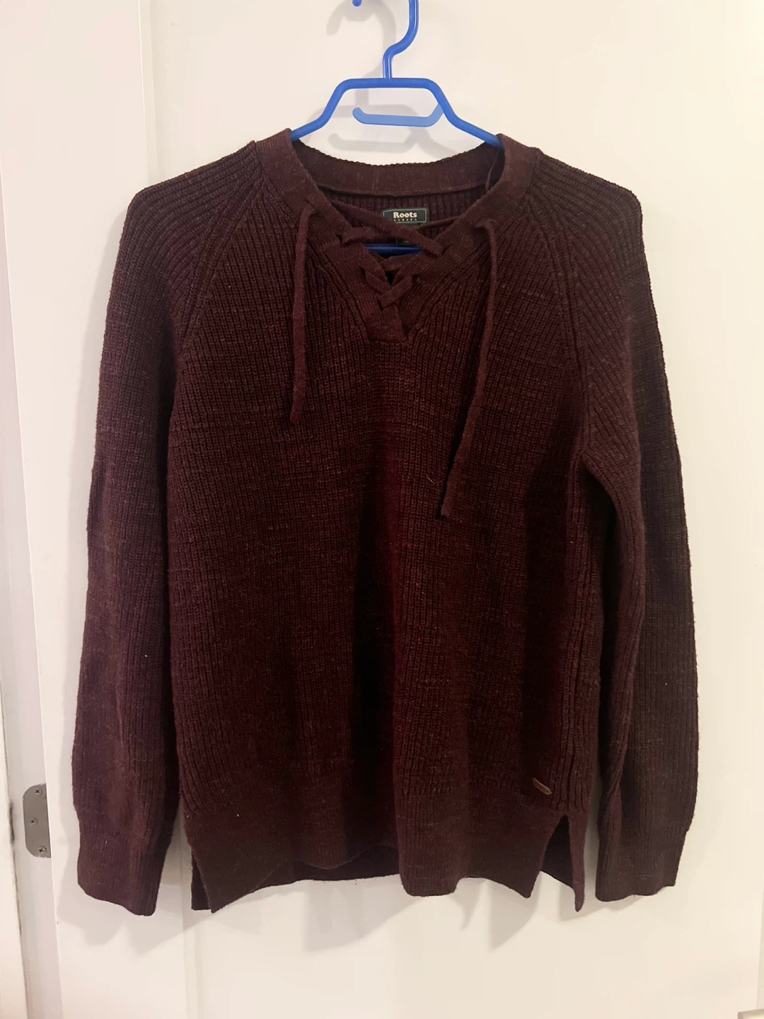 Roots Maroon Lace-Up Knit Sweater