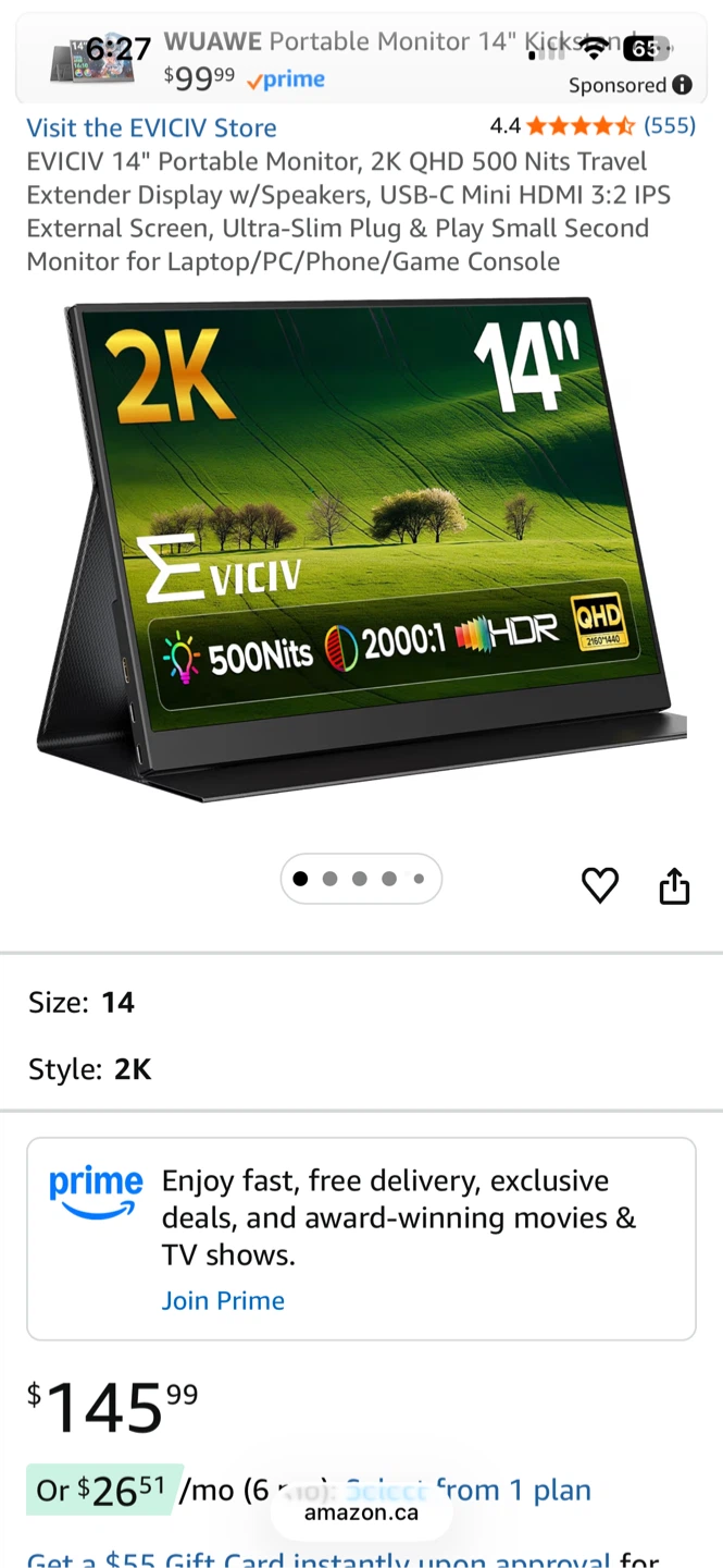 EVICIV 14" 2K Portable Monitor