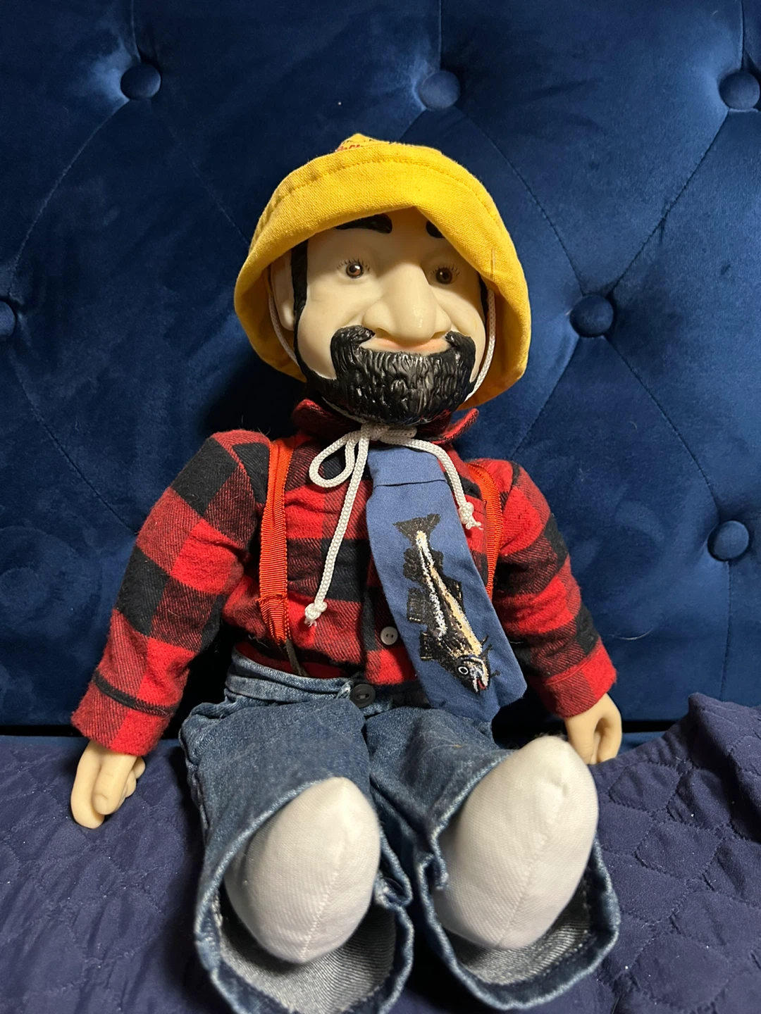 Jimmy Flynn Fisherman Doll with Yellow Hat and Plaid Shirt