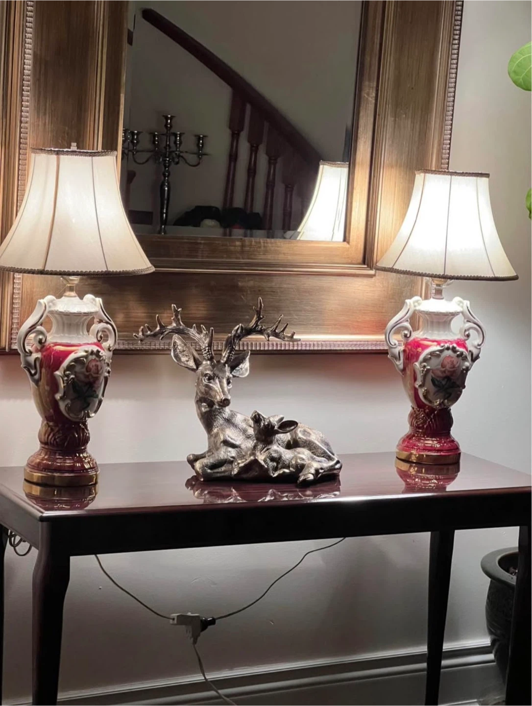 Vintage Ceramic Table Lamps with Rose Design (Set of 2)