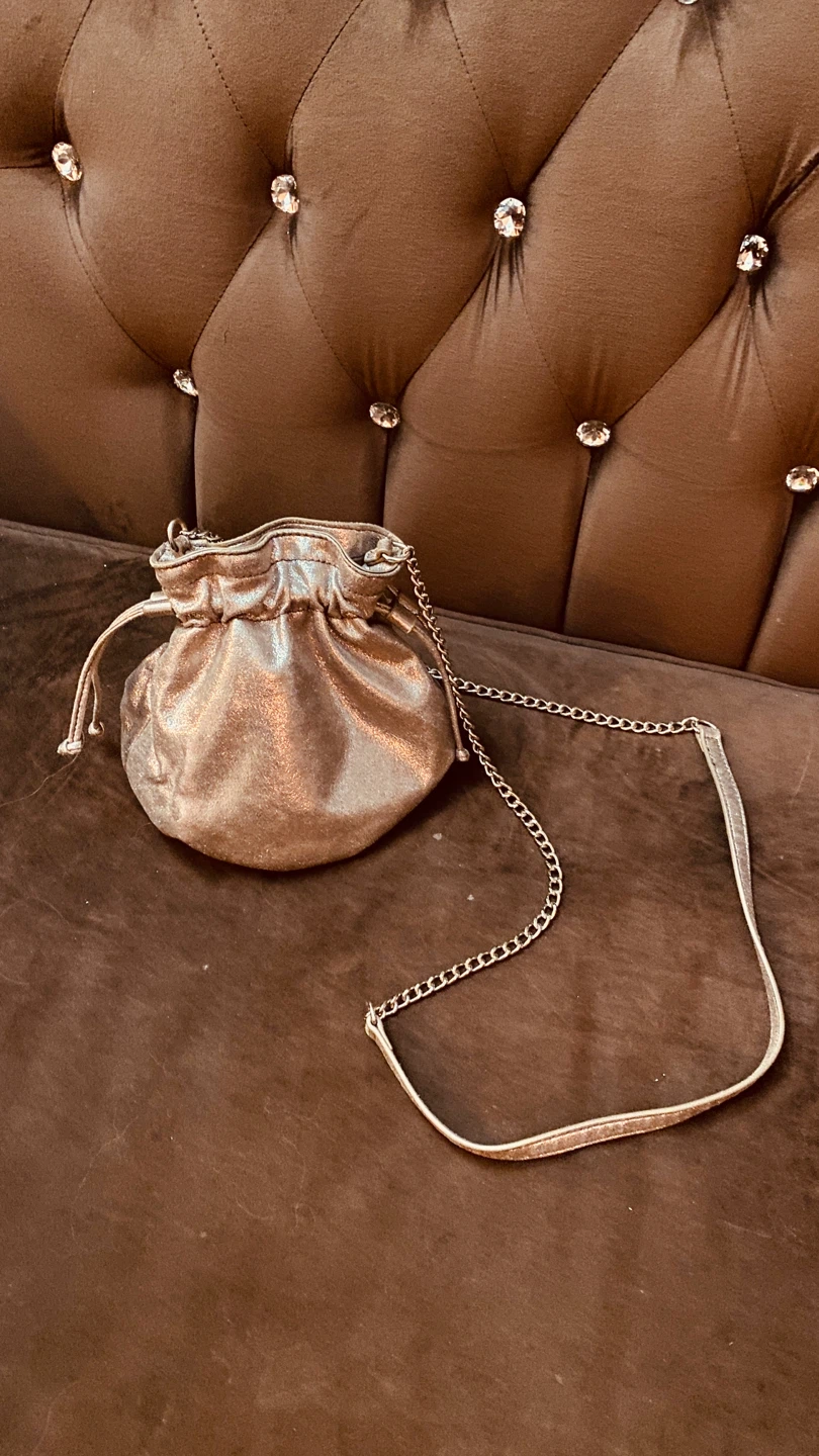 Silver Drawstring Pouch Bag with Chain Strap