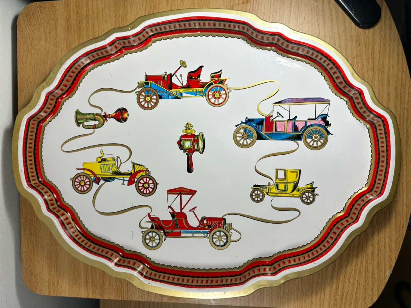 Baret Ware Mobile Serving Tray with Vintage Cars