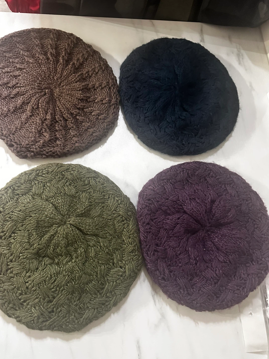 4 Knit Berets - Brown, Navy, Green, Purple 10 each