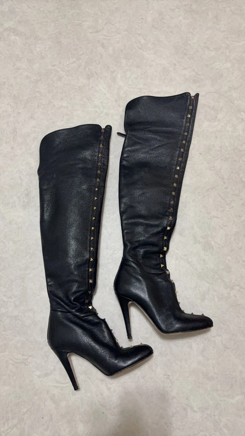 Valentino Black Leather Rockstud Over-the-Knee Boots Size 36