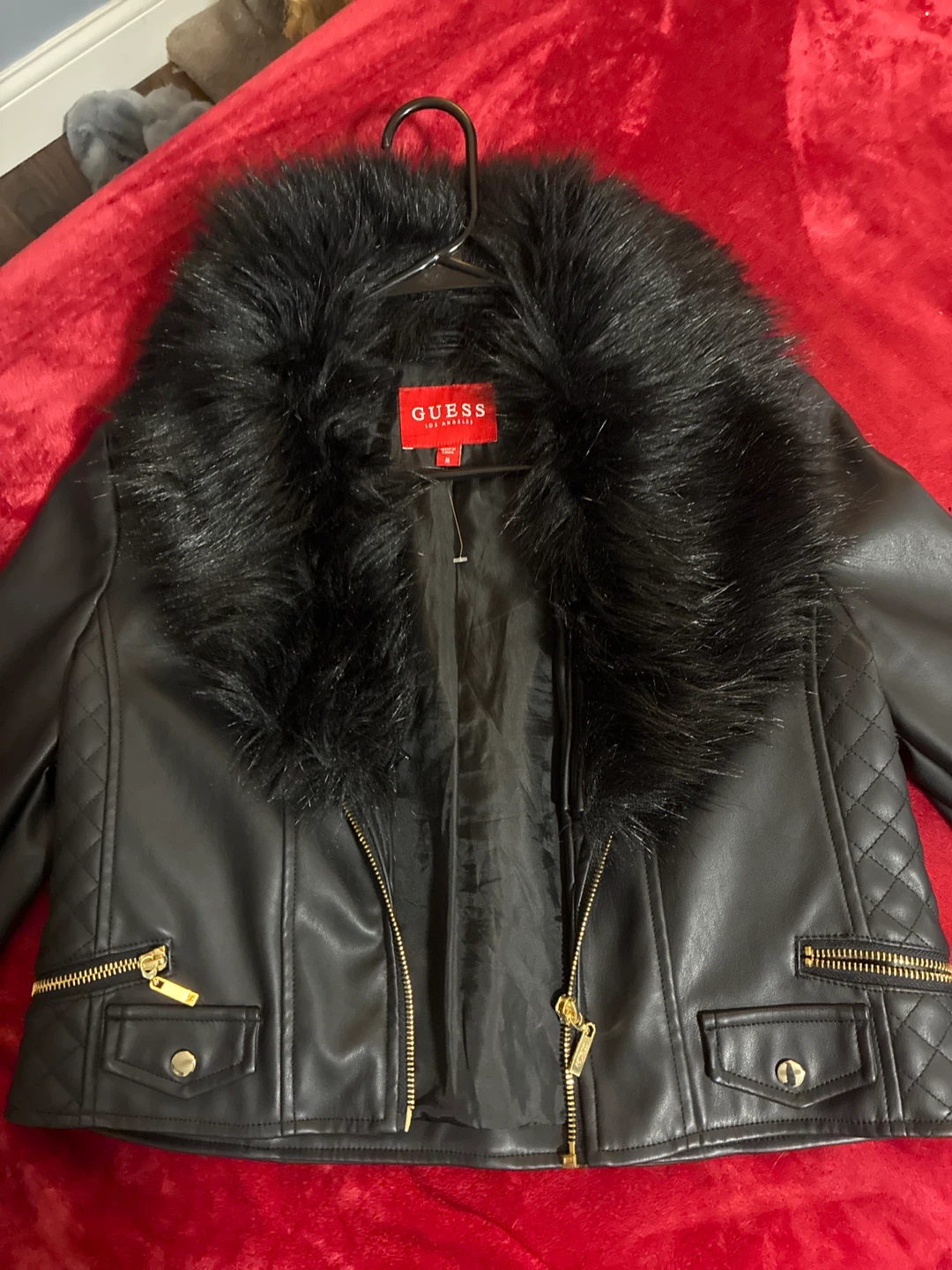 Guess Faux Leather Moto Jacket with Fur Collar - Black - photo 2