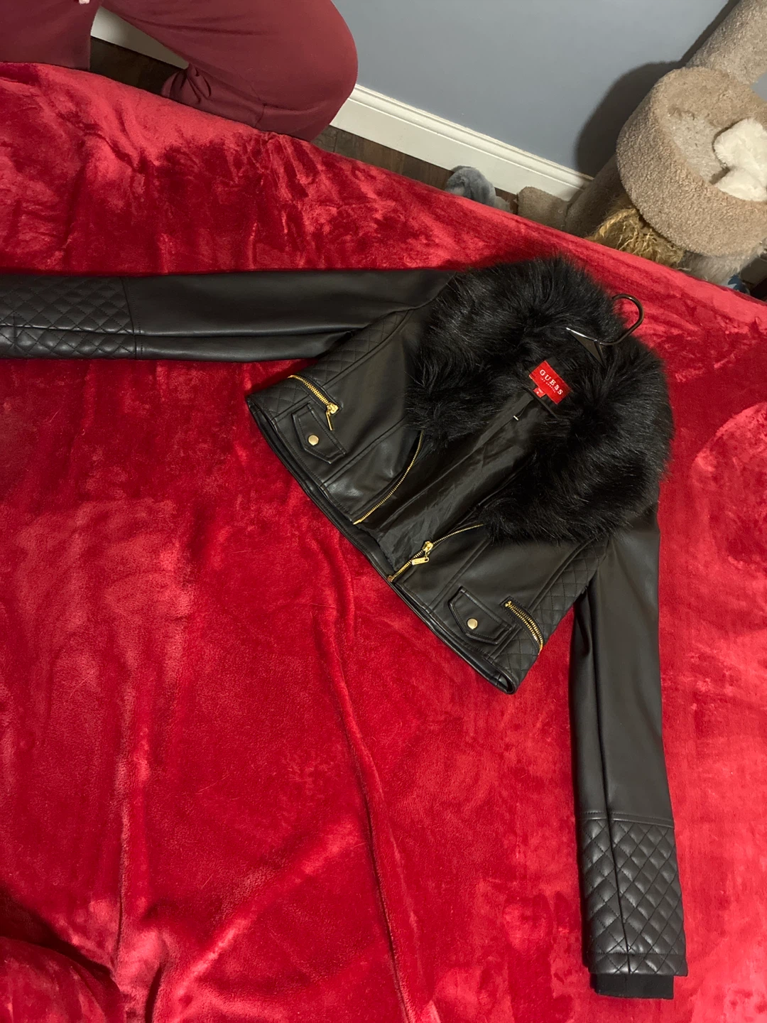 Guess Faux Leather Moto Jacket with Fur Collar - Black
