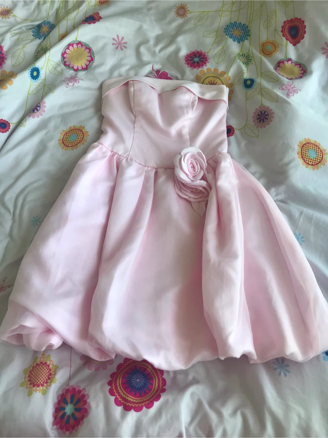 Pink Strapless Dress with Rose Detail