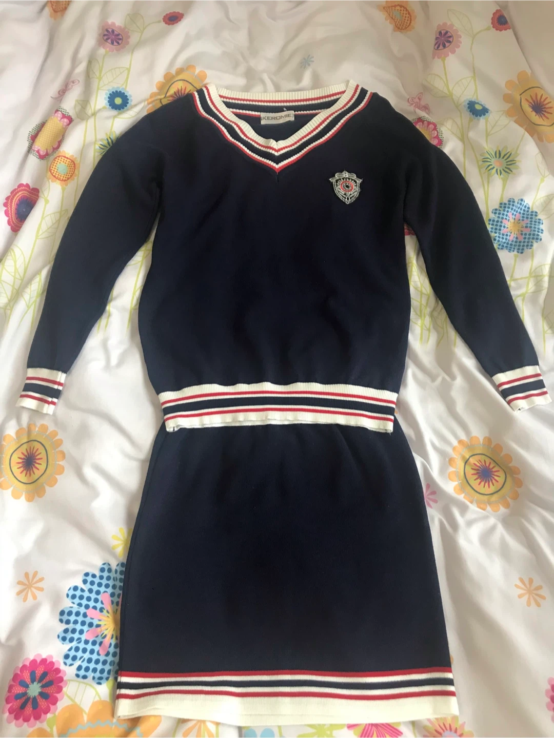 Navy Blue V-Neck Sweater and Skirt Set