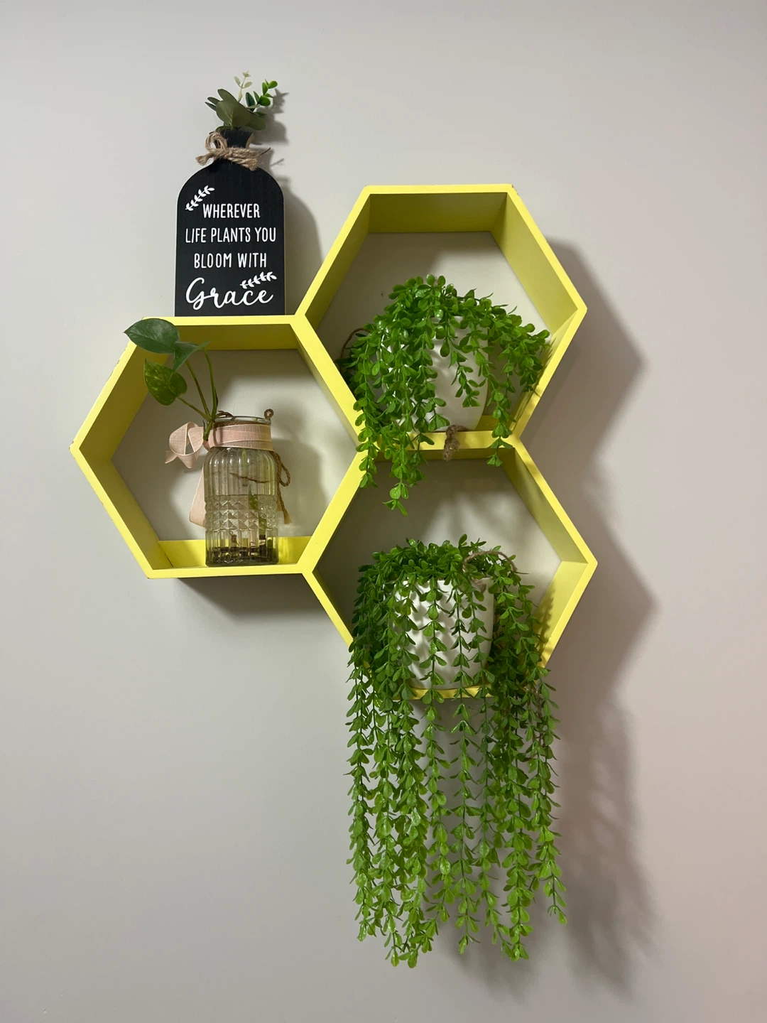 Yellow Hexagon Wall Shelves with Faux Plants