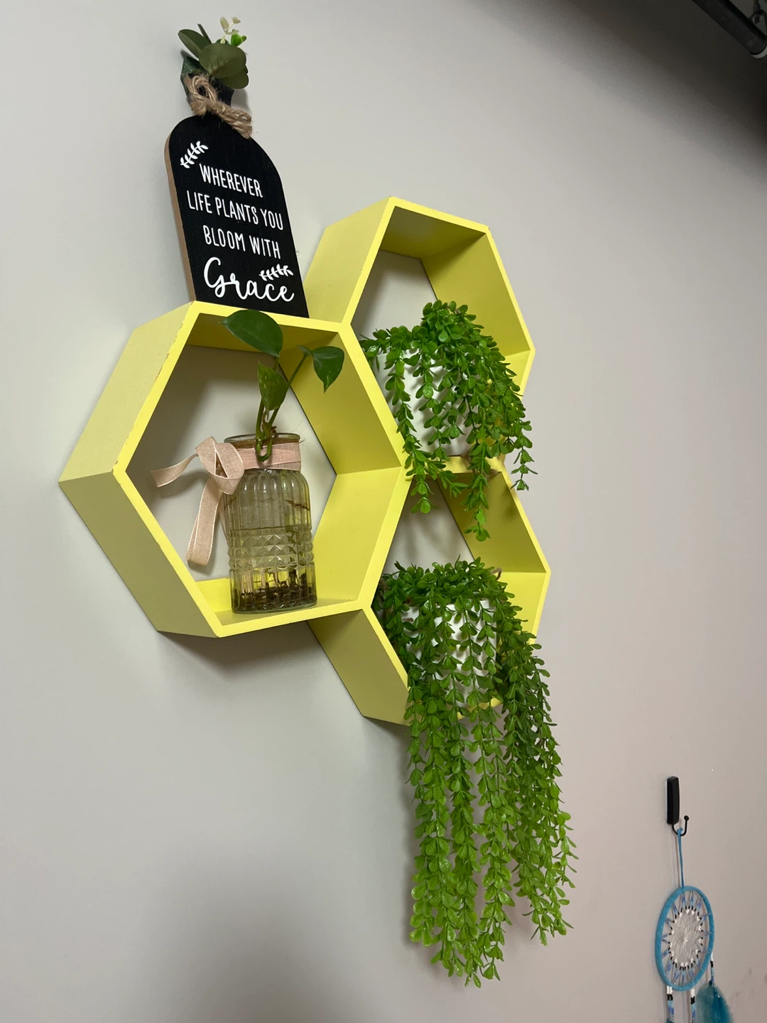 Yellow Hexagon Wall Shelves with Faux Plants - photo 2