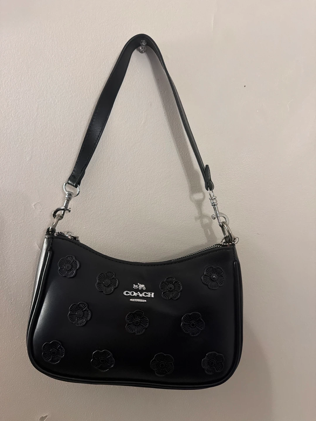 Coach Black Leather Floral Embossed Shoulder Bag