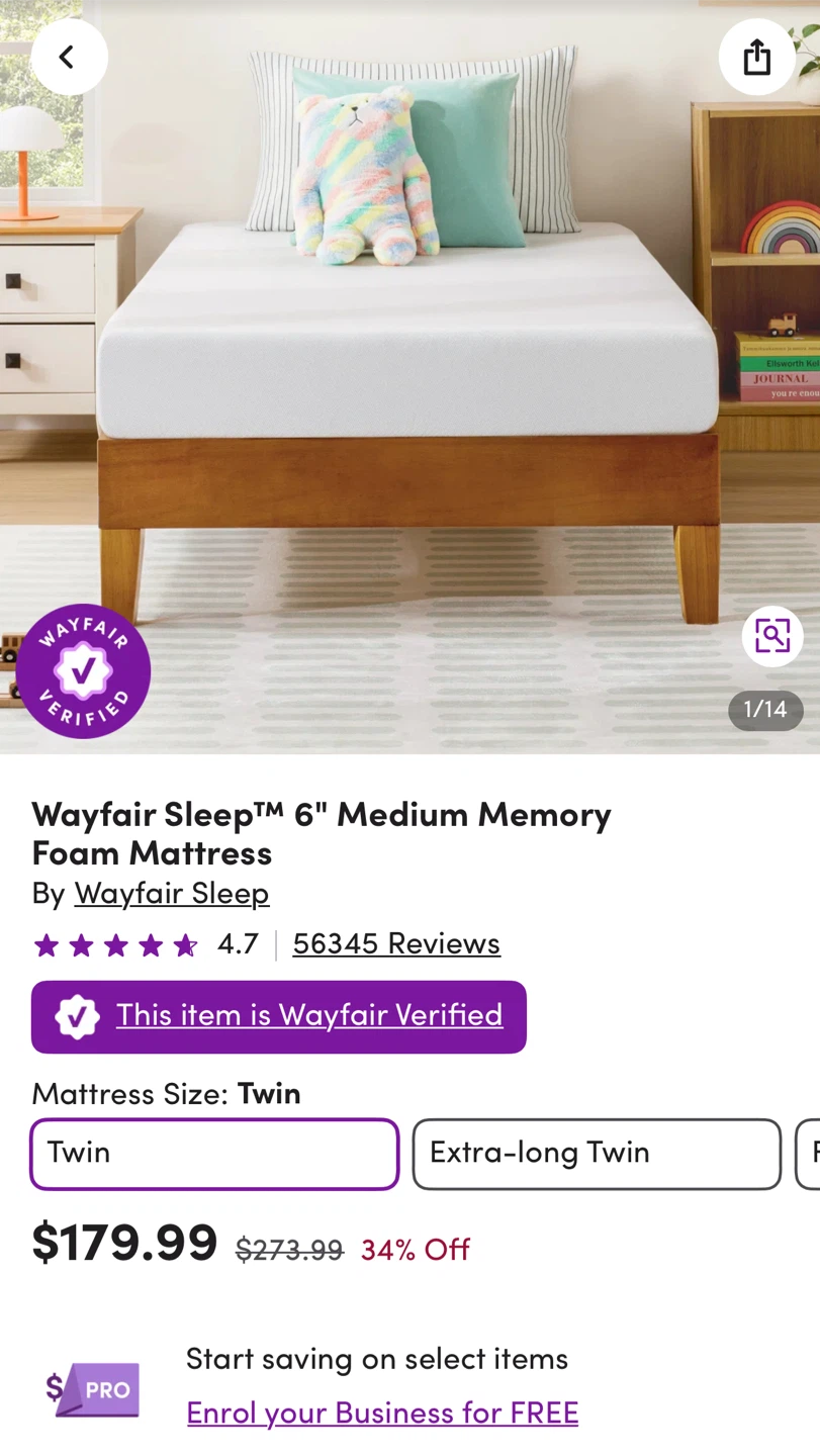 Wayfair Sleep 6" Medium Memory Foam Mattress (Twin)