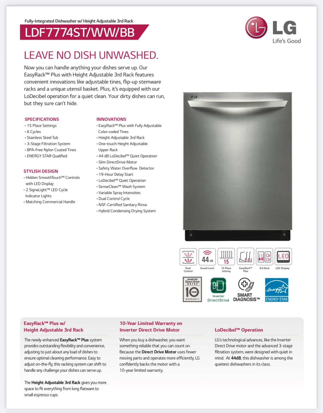 LG Dishwasher w/ Height Adjustable 3rd Rack LDF7774ST