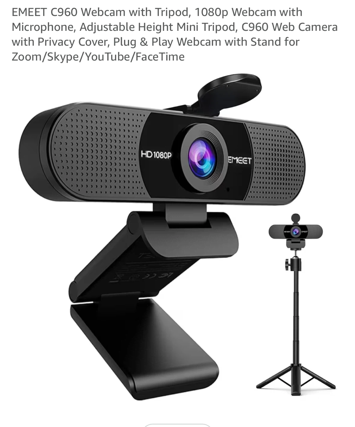 EMEET C960 1080p Webcam with Tripod and Privacy Cover