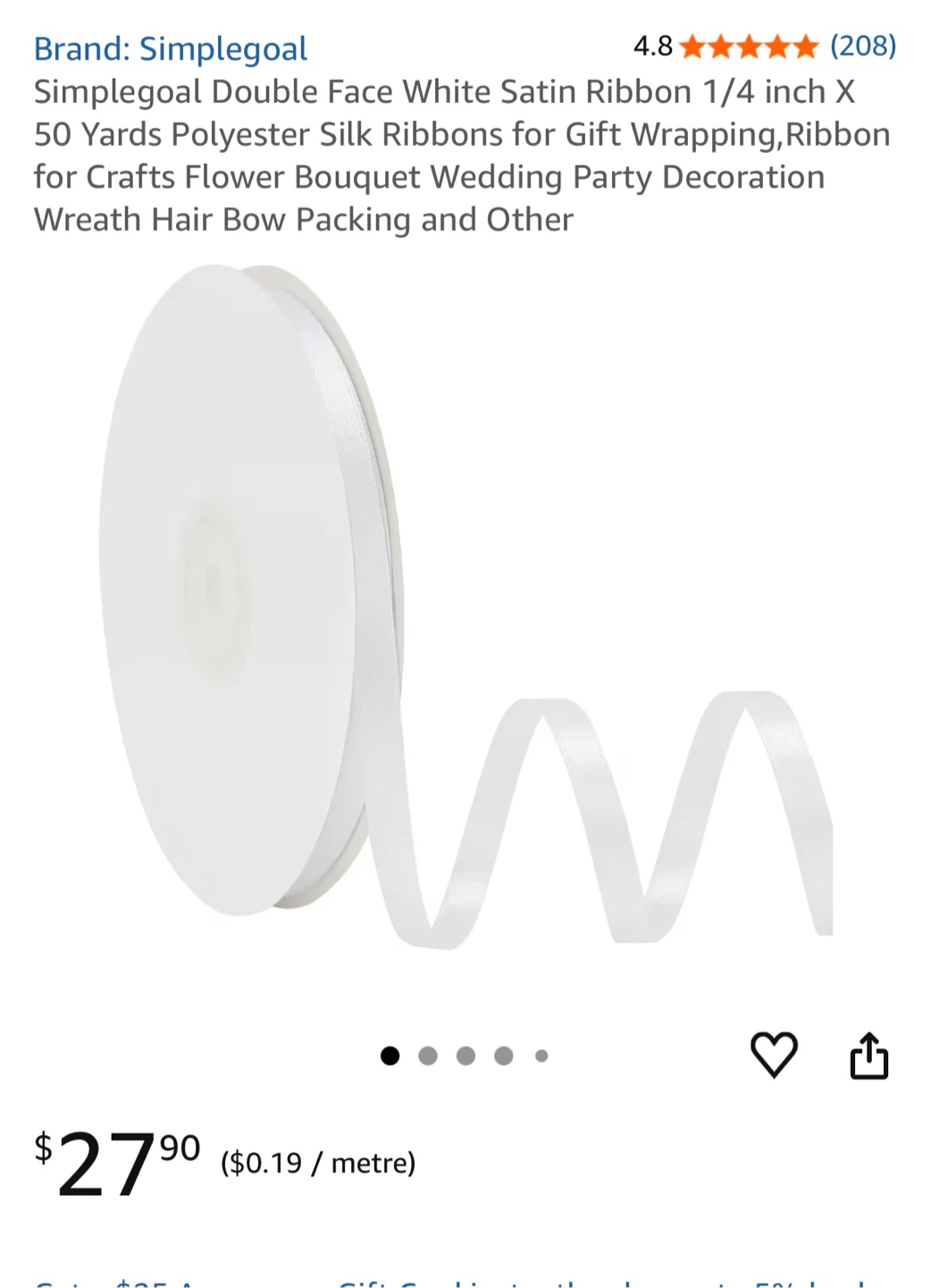 Simplegoal White Satin Ribbon - 1/4 inch x 50 Yards