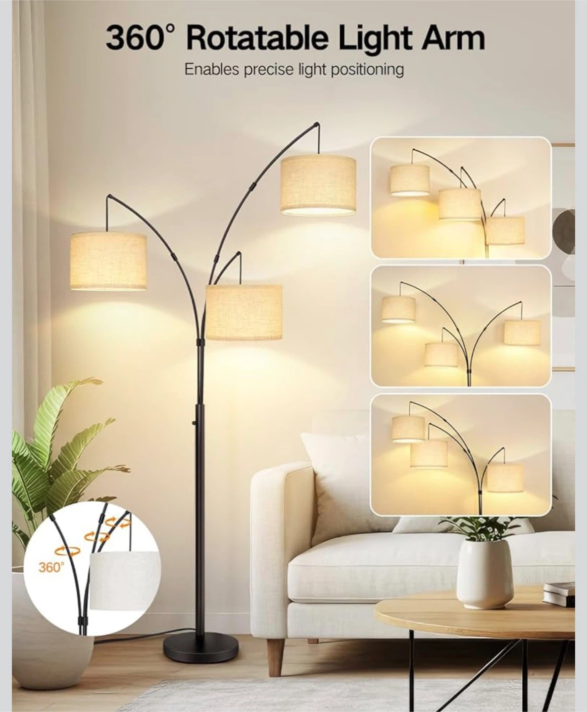 Arc floor lamp with 3 adjustable lamp shade arms