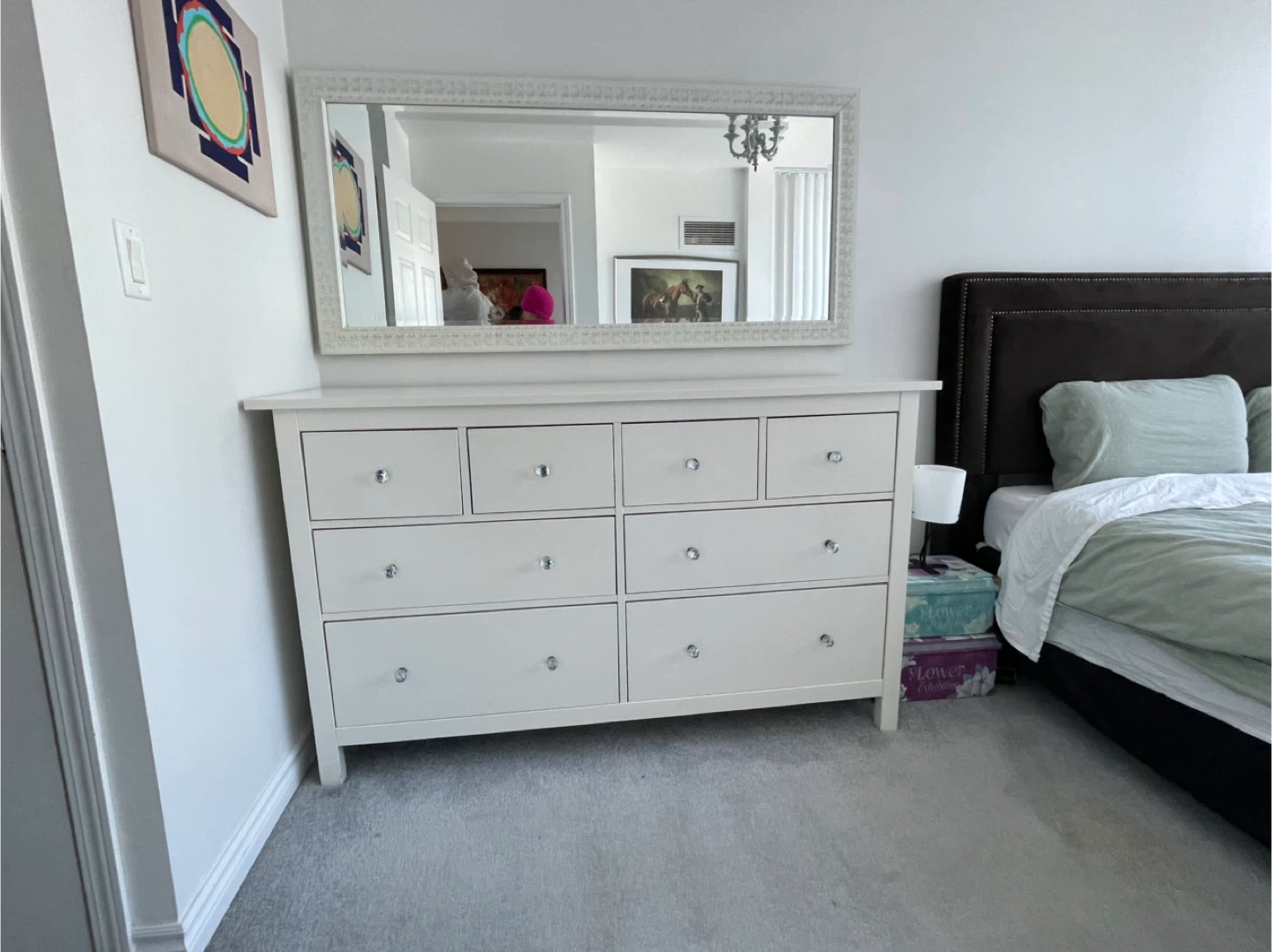 White Dresser with 8 Drawers and Crystal Knobs