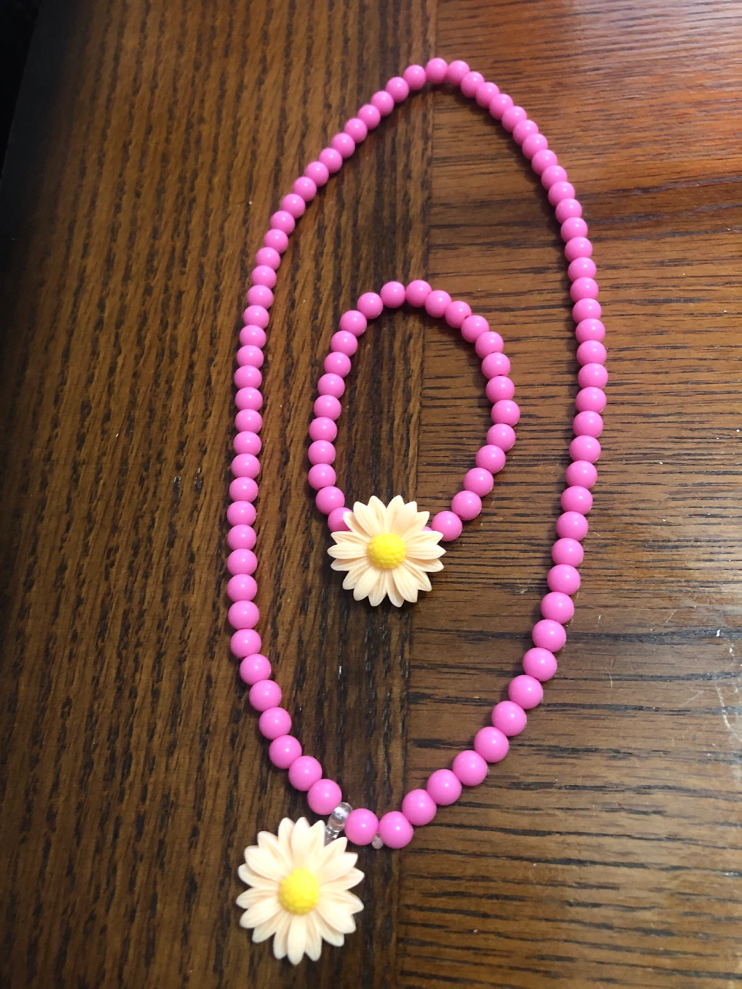 Pink Beaded Necklace and Bracelet Set with Daisy Charms