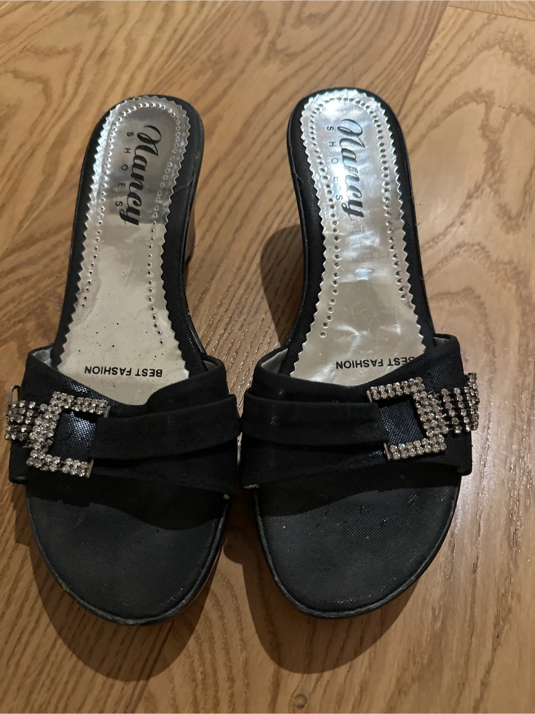 Nancy Shoes Black Wedge Sandals with Rhinestones - Size 40