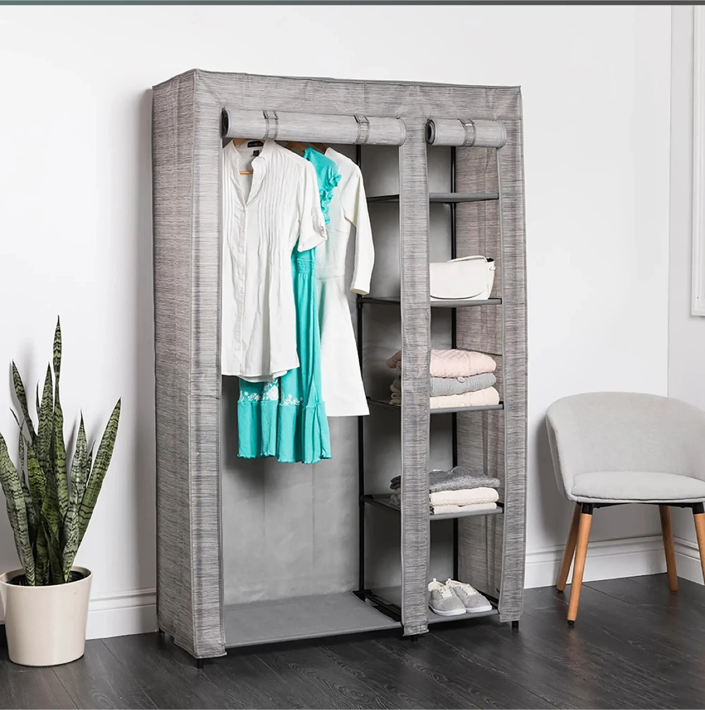 Grey Portable Wardrobe Closet with Shelves