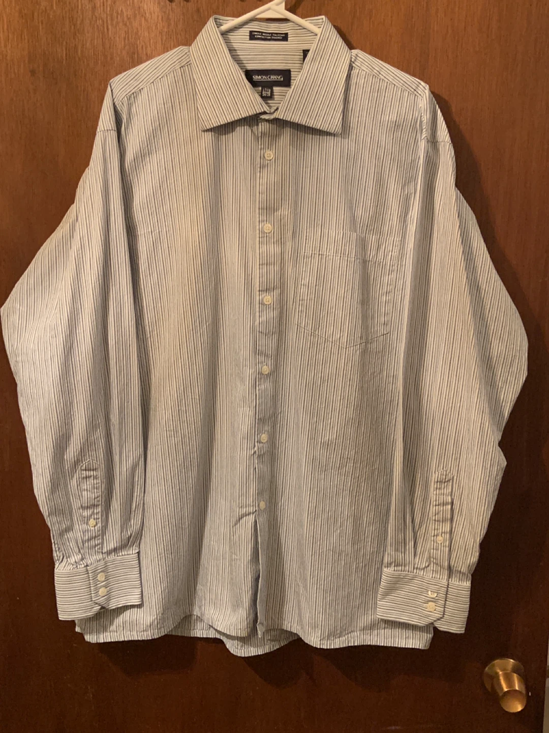 Simon Chang Men’s Dress Shirt – Blue Stripe, Used Good