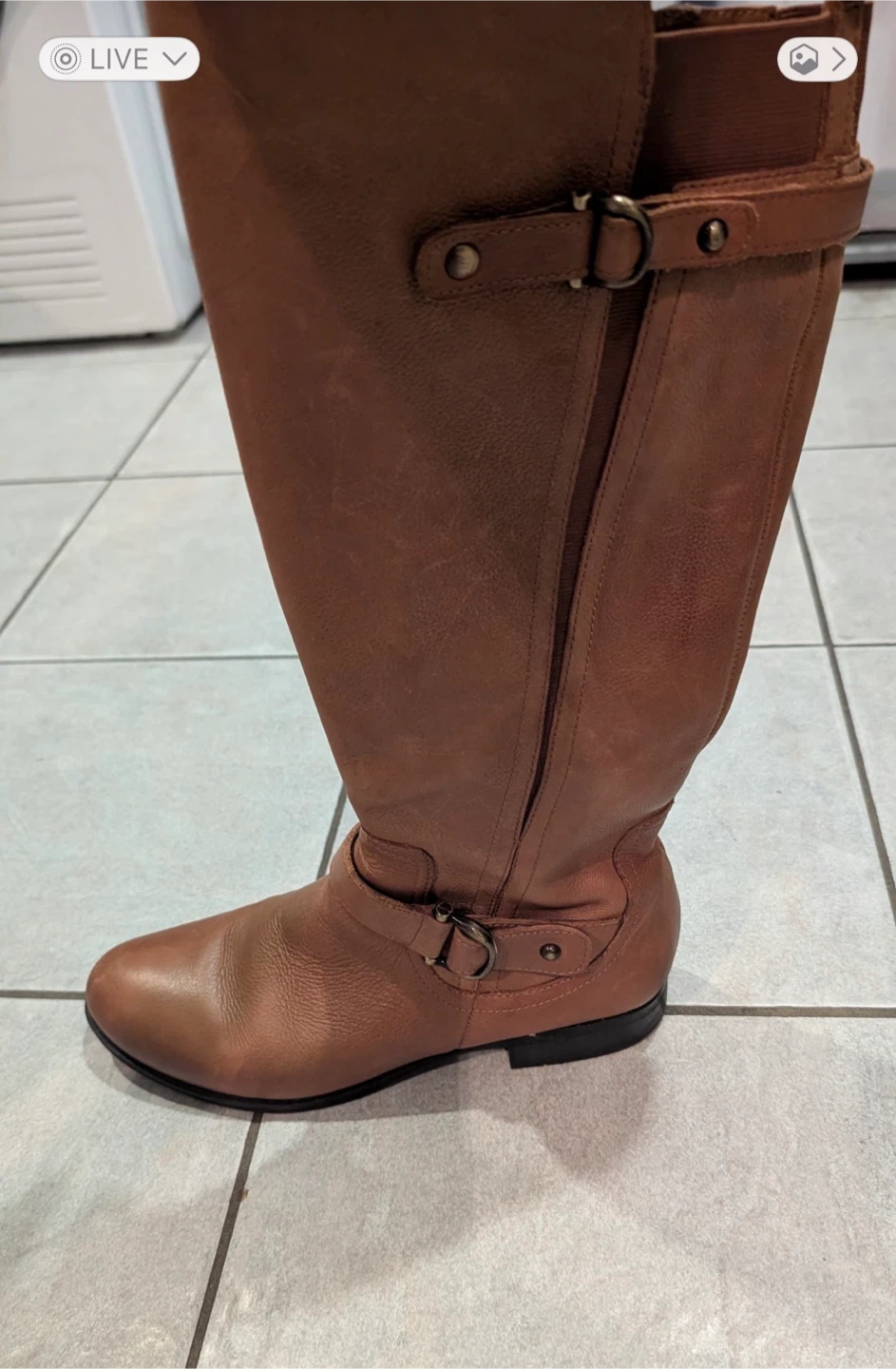 Brown Leather Knee-High Boots with Buckle Detail