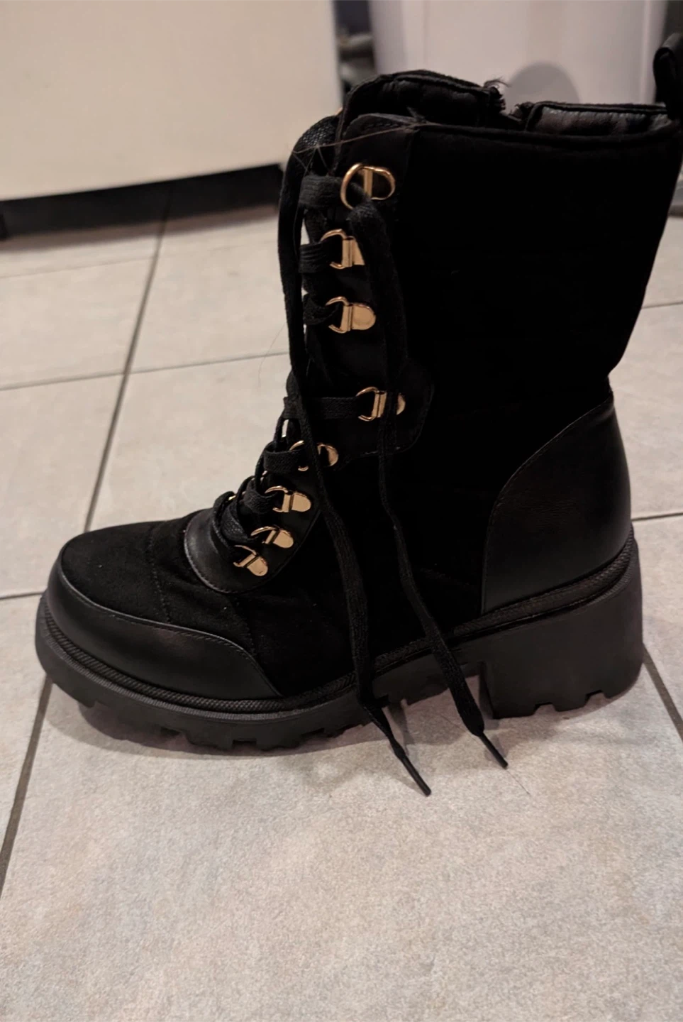 Black Suede and Faux Leather Lace-Up Boots