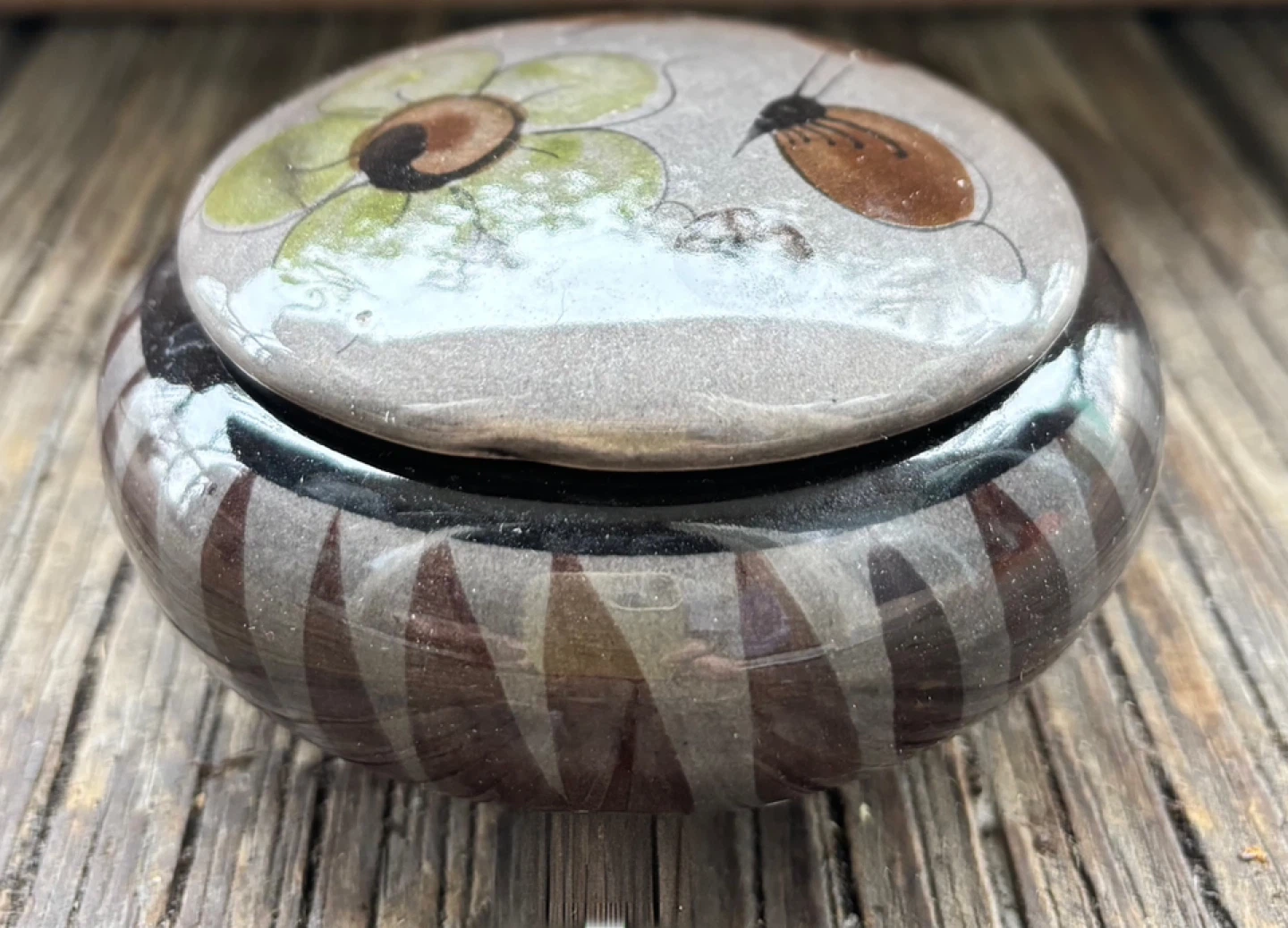 Vintage Painted Ceramic Jar with Lid, Gray with Floral Motif