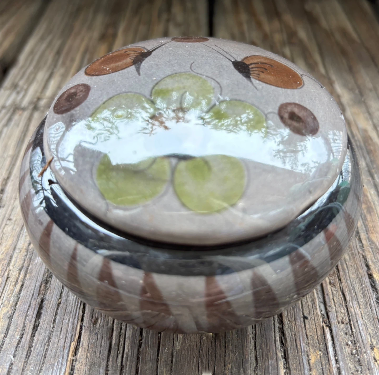Vintage Painted Ceramic Jar with Lid, Gray with Floral Motif - photo 4