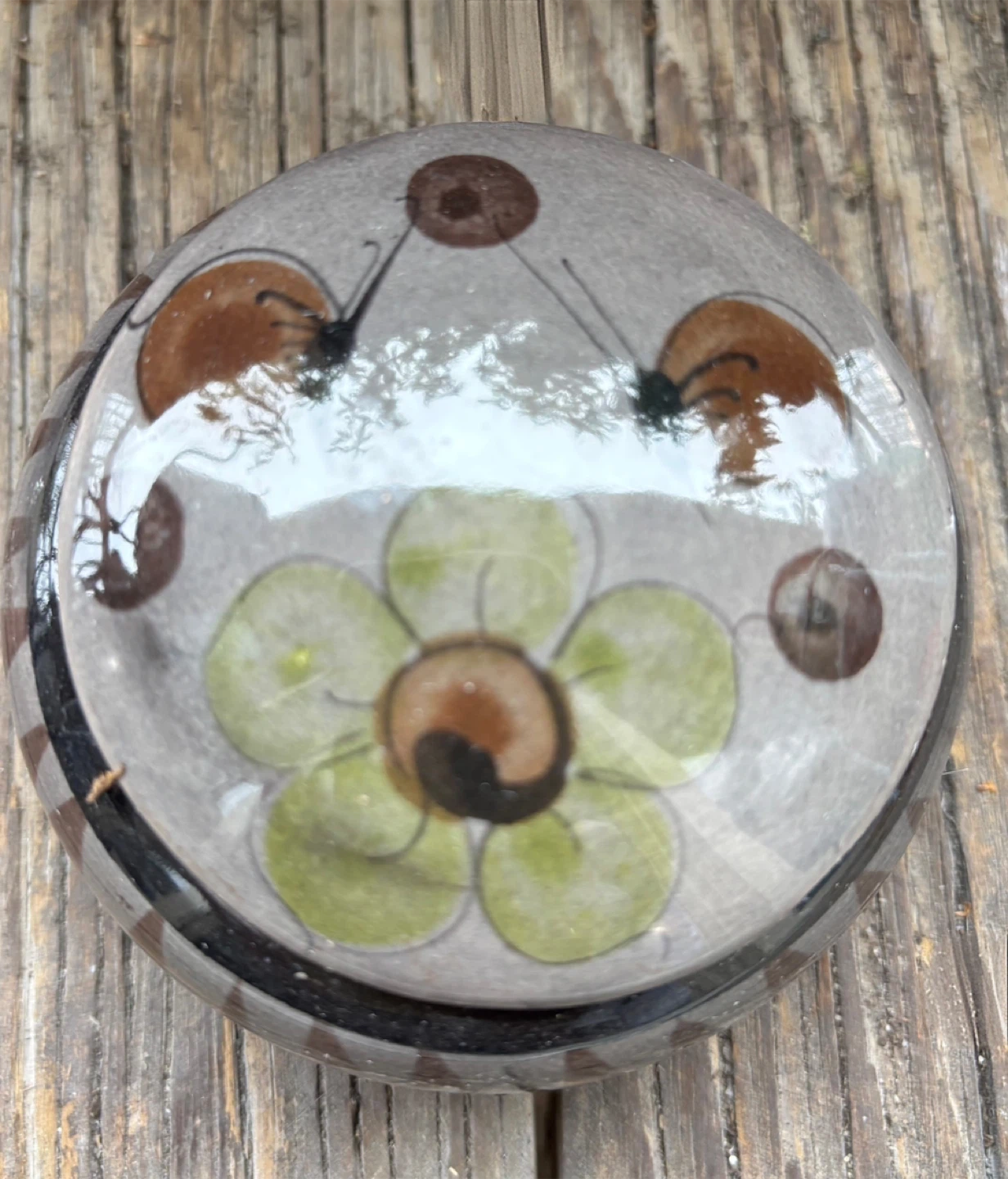 Vintage Painted Ceramic Jar with Lid, Gray with Floral Motif - photo 2