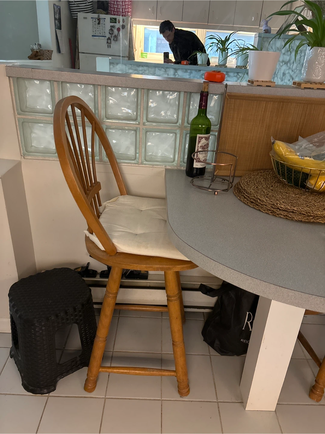 2 Wooden Bar Stools with White Cushions