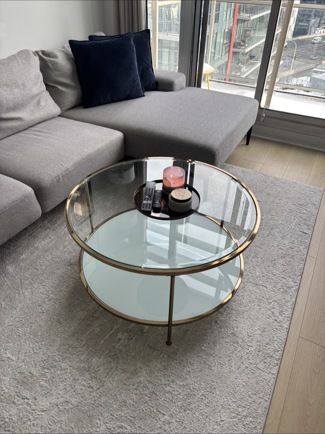Round Glass Coffee Table with Gold Frame