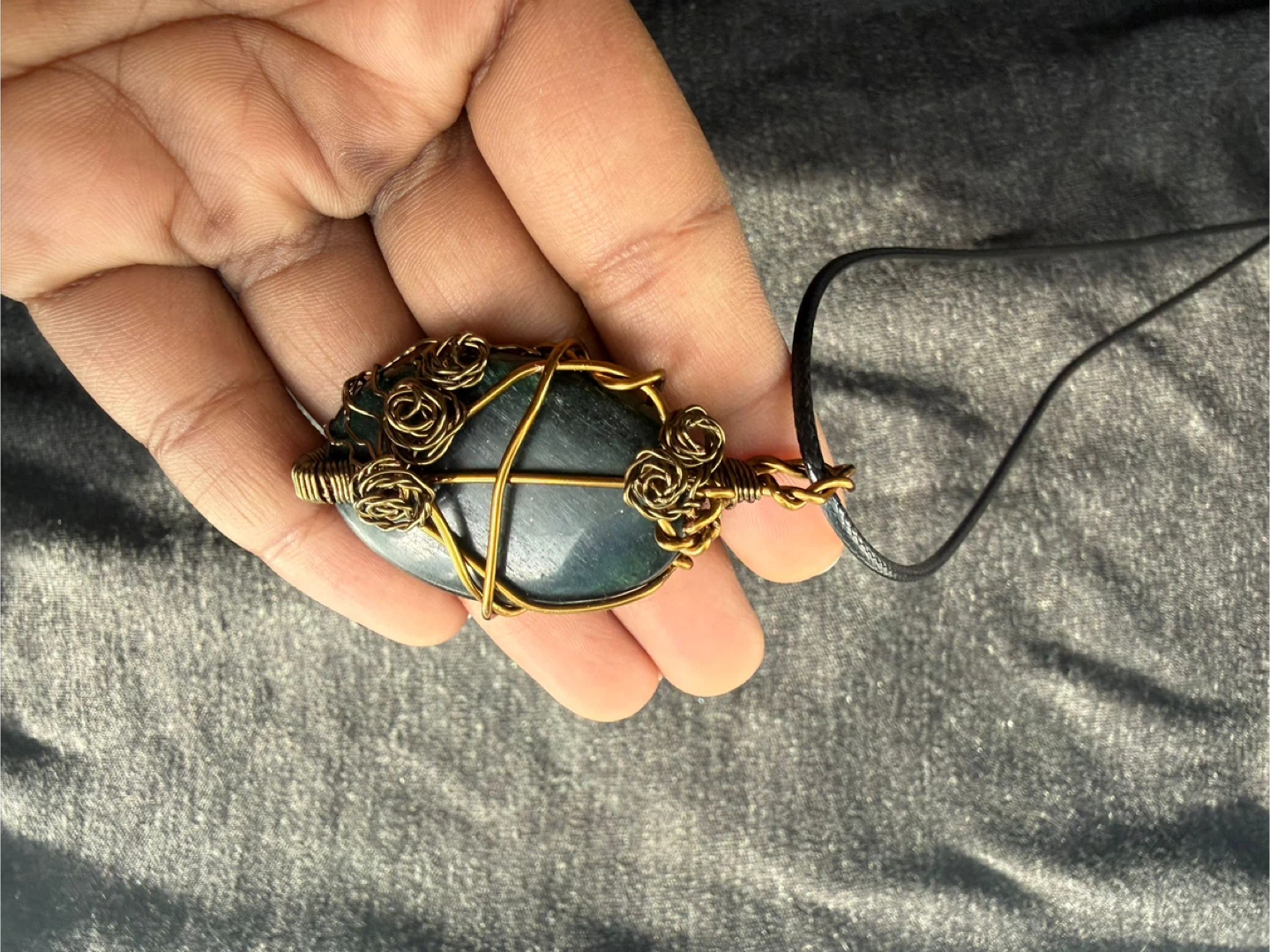Handmade Wire Wrapped Pendant Necklace with Green Stone
