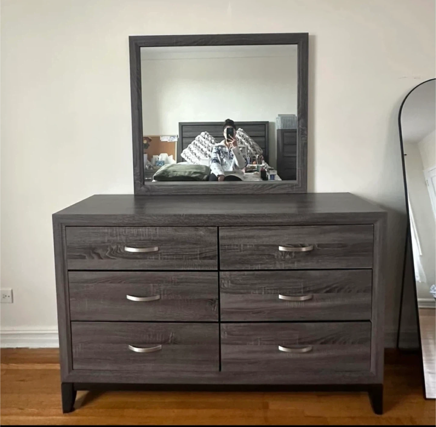 MOVING OUT SALE! Gray Wood Dresser with Mirror