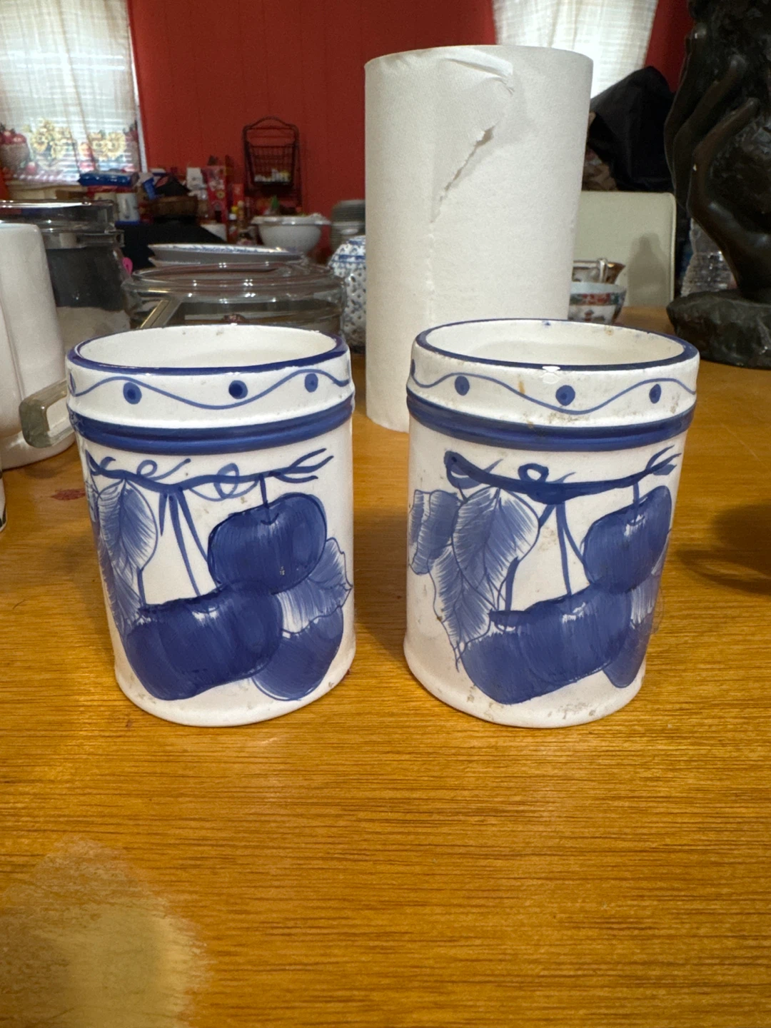 Set of 2 Antique Ceramic Canisters with Blue Cherry Design