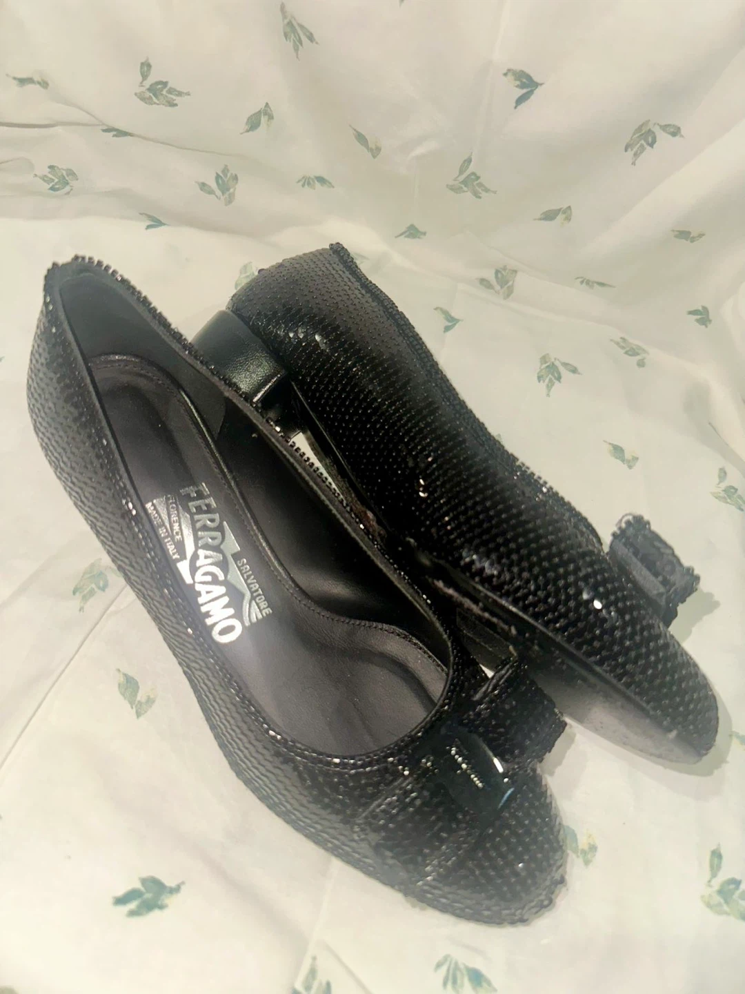 Salvatore Ferragamo Black Sequin Bow Heels
