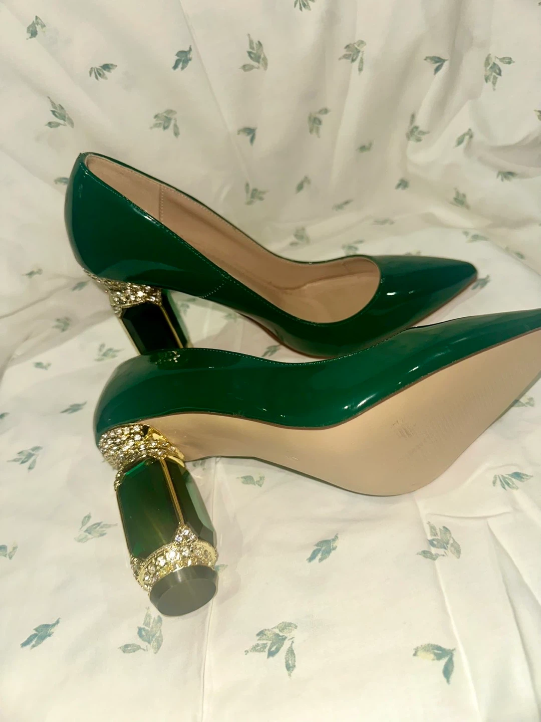 Emerald Green Patent Heels with Embellished Heels