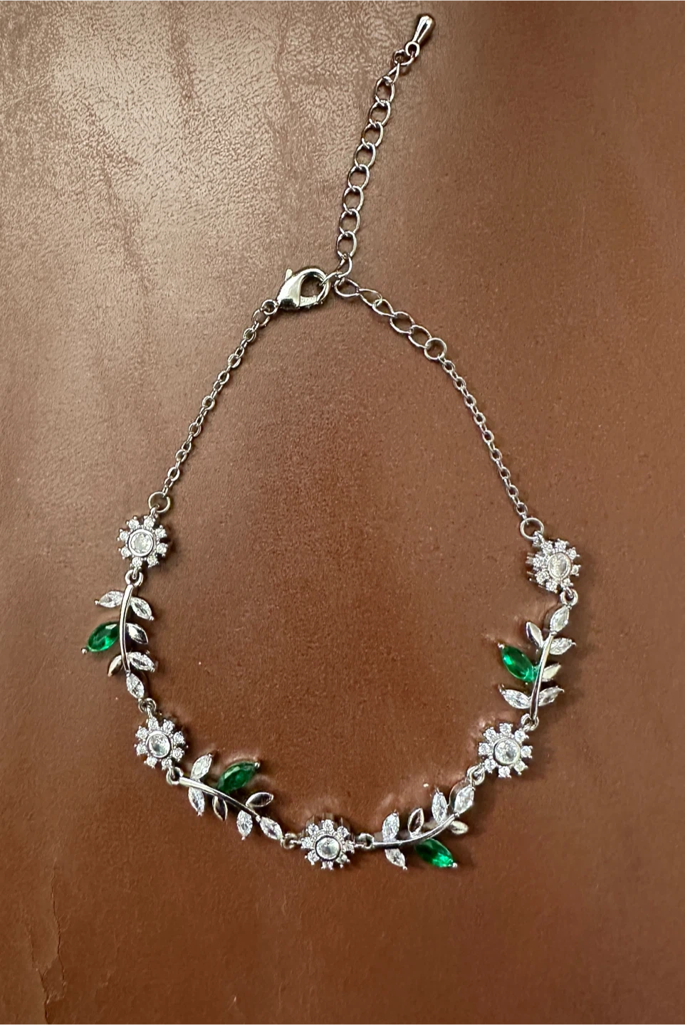 Silver Leaf and Flower Bracelet with Green Gems