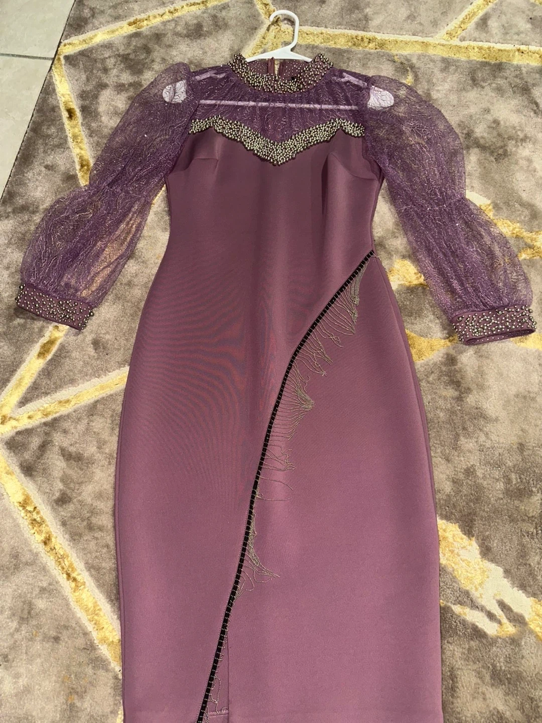 Purple Beaded Lace Sleeve Dress