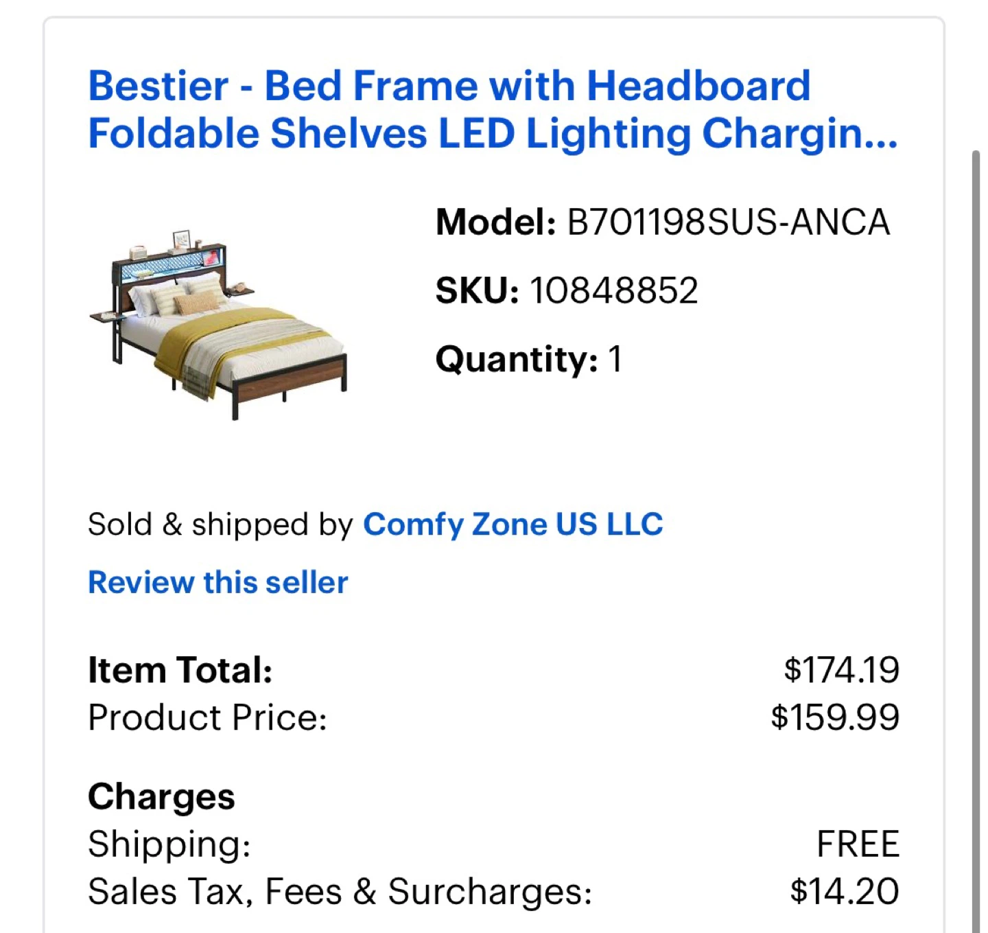 Bestier Bed Frame with Headboard, LED Lighting & Shelves - photo 2